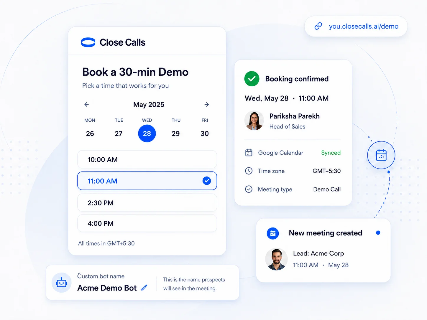 Fast inline booking funnel: qualify and pick a time with no redirect
